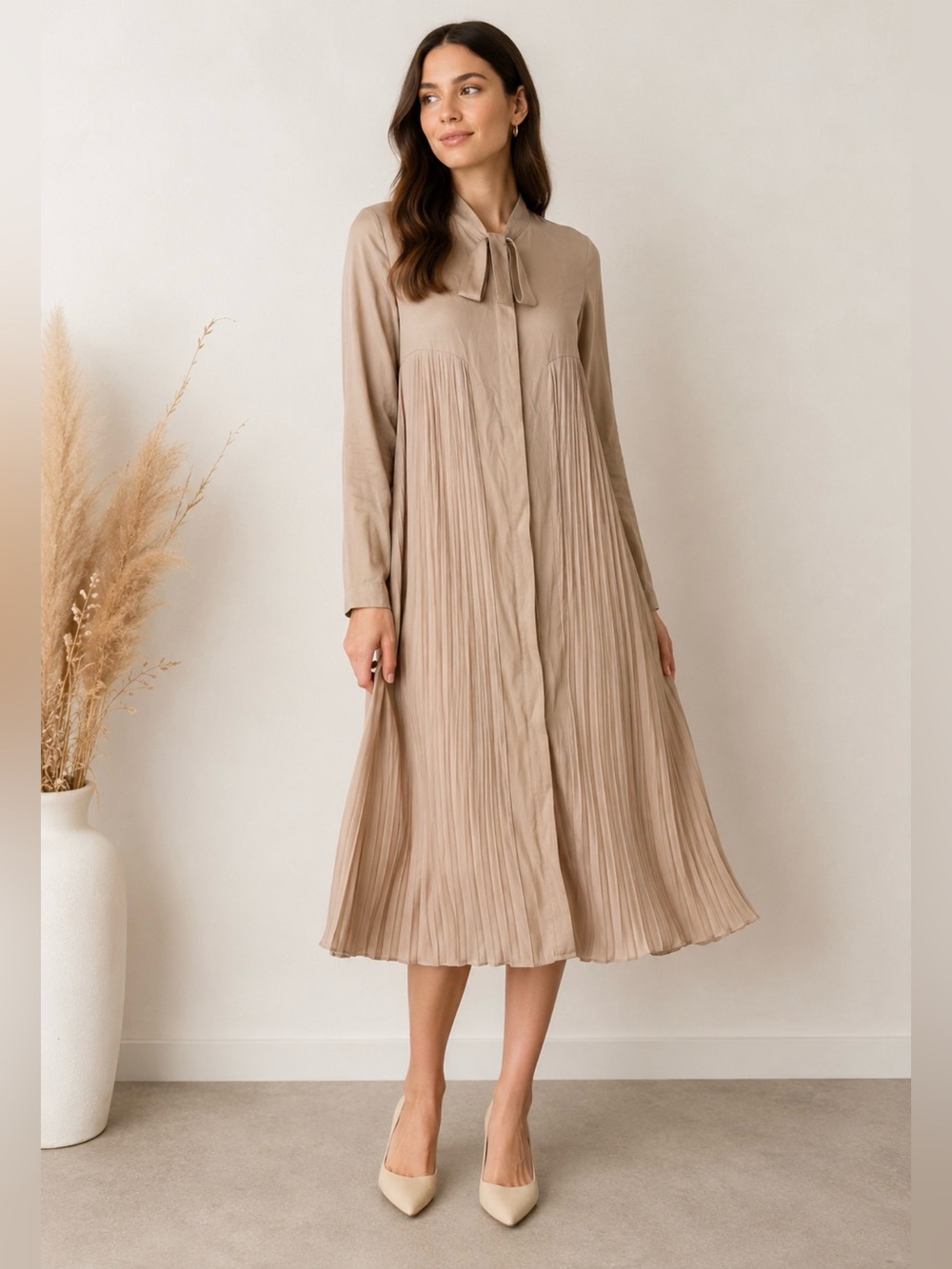 ADEPTT Handmade Pleated Midi Dress Beige Taupe Long‎ Sleeve Tie Neck Size S